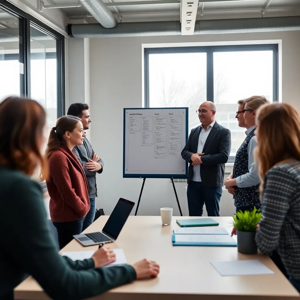 Professioneel projectteam tijdens een Agile stand-up meeting in Amsterdam