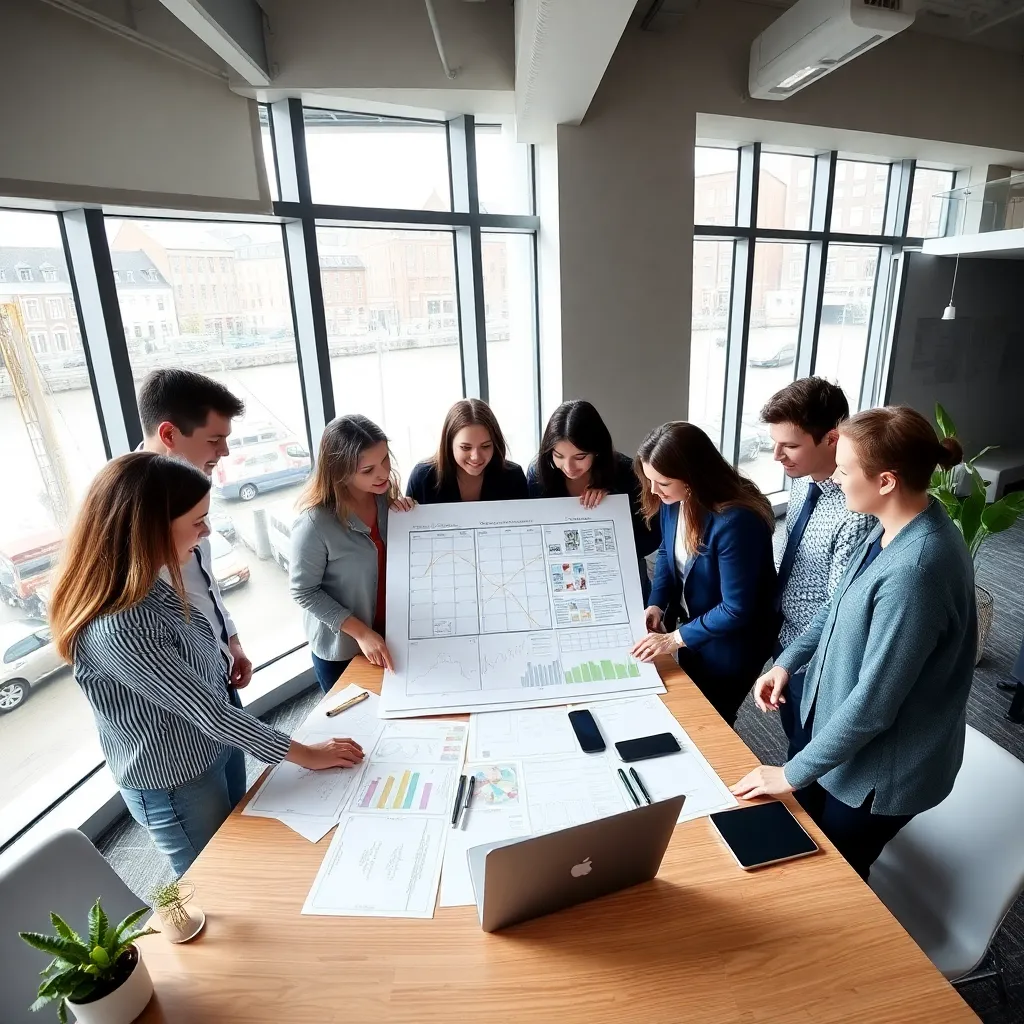 Professioneel projectteam tijdens een Agile stand-up meeting in Amsterdam