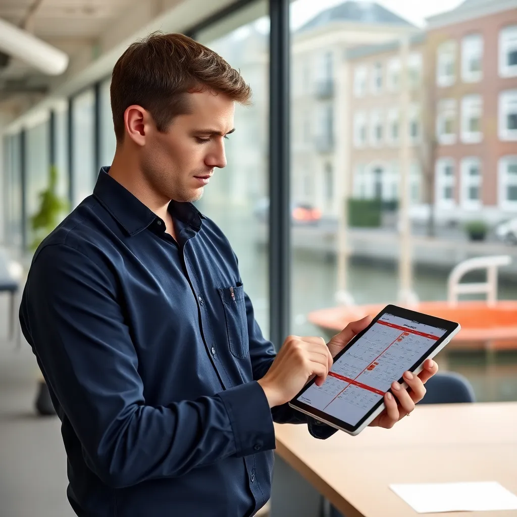 Nederlandse projectleider die tijd plant in modern kantoor